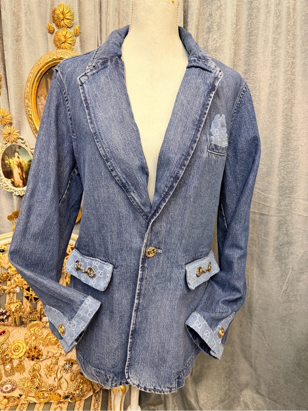 Upcycled Luxe Denim Blazer with Horsebit Pocket
Accents